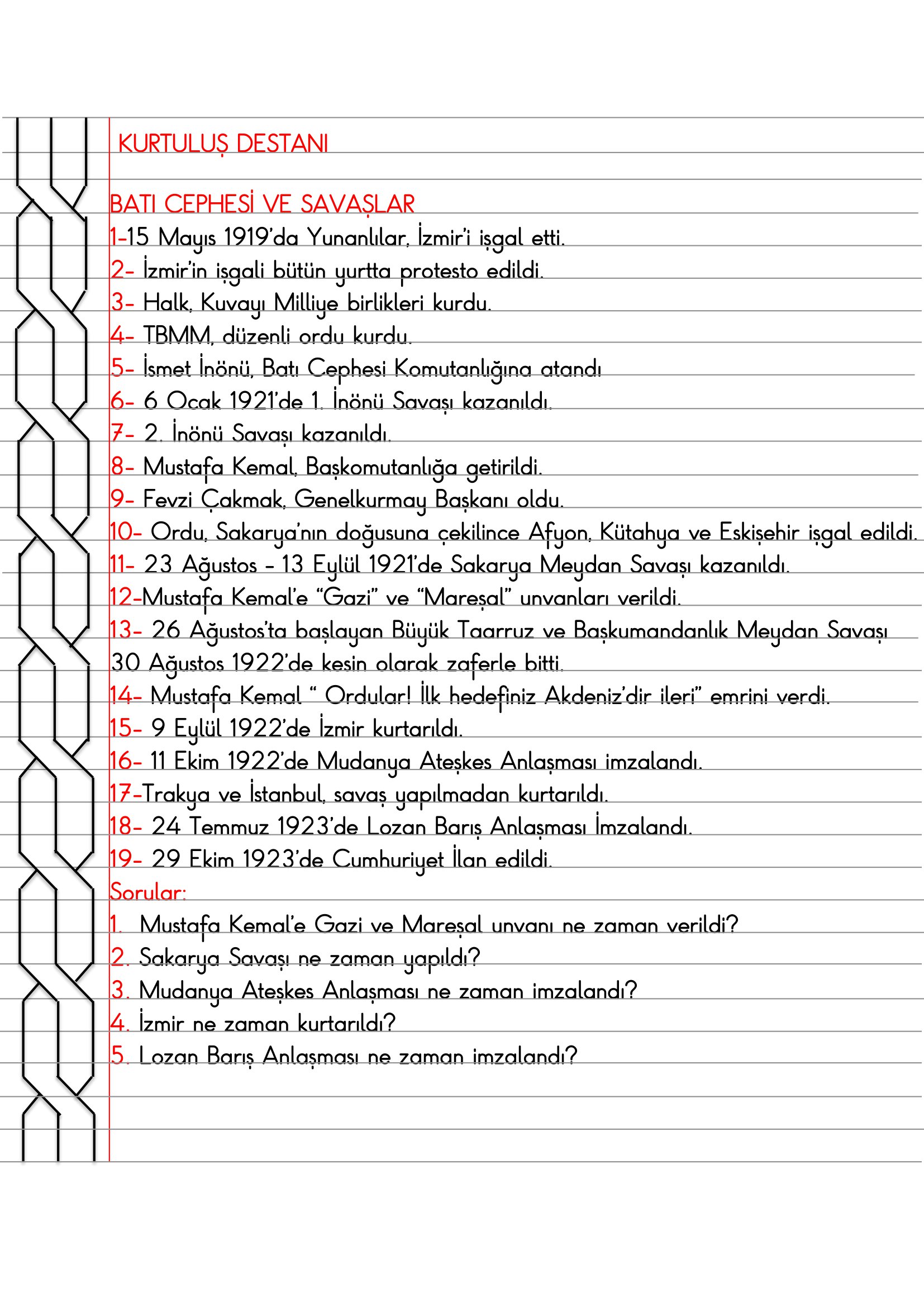 4. Sınıf - Sosyal Bilgiler - Kurtuluş Destanı (Batı Cephesi ve Savaşlar) Defter Özeti