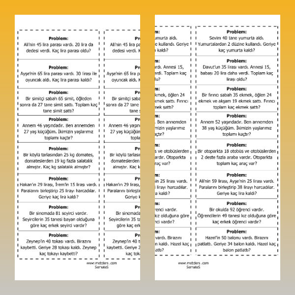 2. Sınıf Matematik - İki İşlemli Problemler Defter Etkinliği