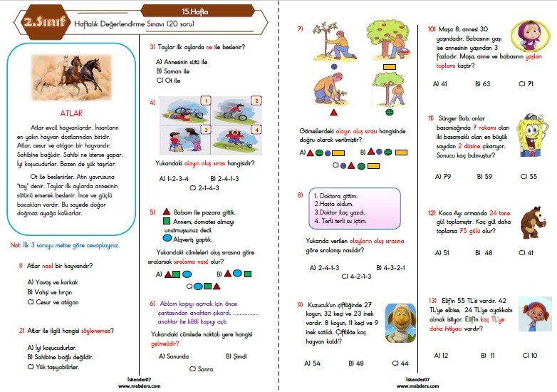 2. Sınıf Haftalık Değerlendirme Testi - 15.Hafta (20-24 Aralık)