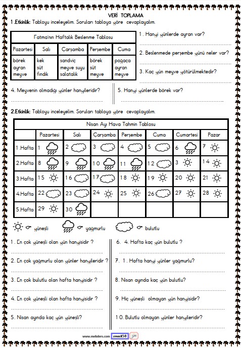 1. Sınıf Matematik Veri Toplama ve Değerlendirme Etkinliği 12