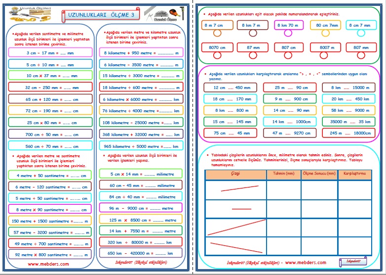 4. Sınıf Matematik Uzunlukları Ölçme Çalışması 3 (2 Sayfa)