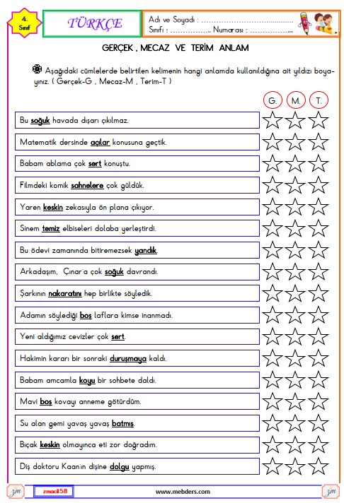 4. Sınıf Türkçe Gerçek , Mecaz ve Terim Anlam Etkinliği 8