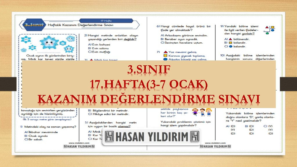 3. Sınıf Haftalık Değerlendirme Testi-17.Hafta(3-7 Ocak)