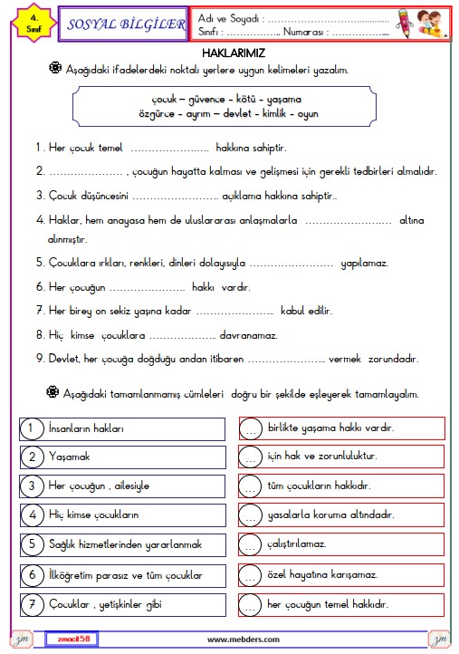 4. Sınıf Sosyal Bilgiler Haklarımız Etkinliği