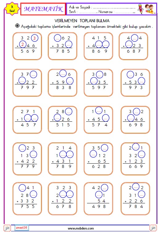 3. Sınıf Matematik Verilmeyen Toplananı Bulma Etkinliği 3
