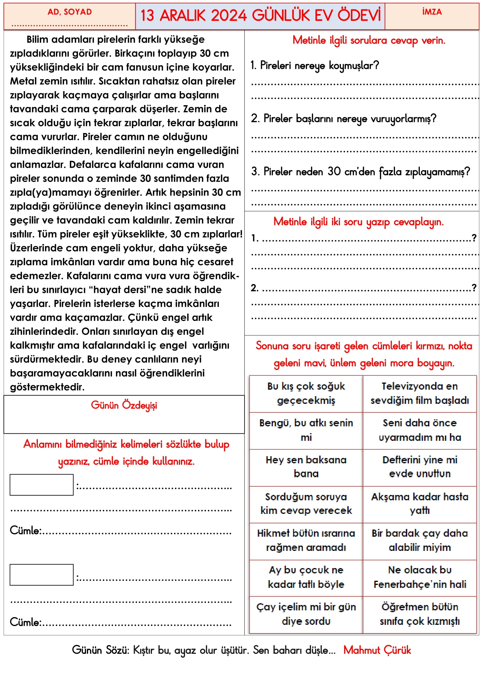 3. Sınıf 13 Aralık 2024 Günlük Ev Ödevi