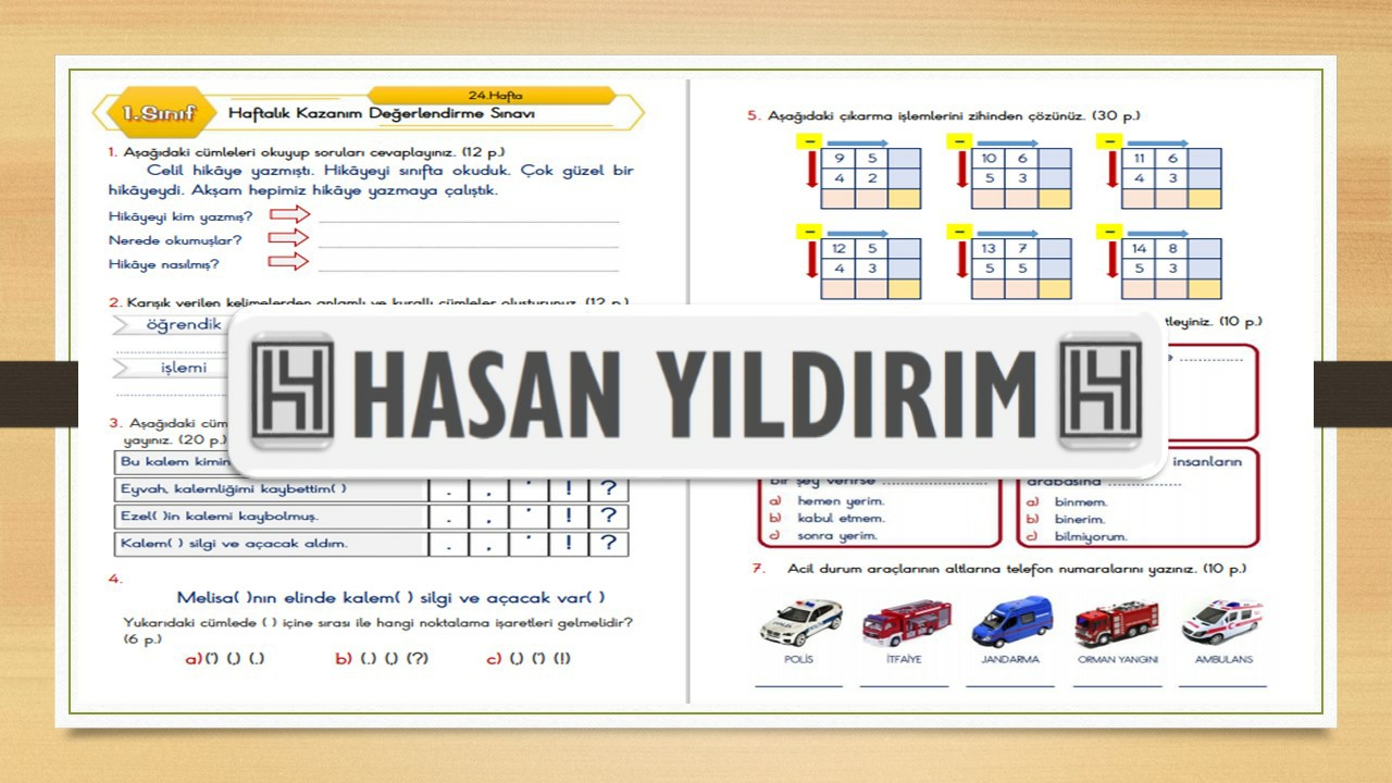 1. Sınıf Haftalık Değerlendirme Sınavı-24.Hafta(29 Mart-2 Nisan)
