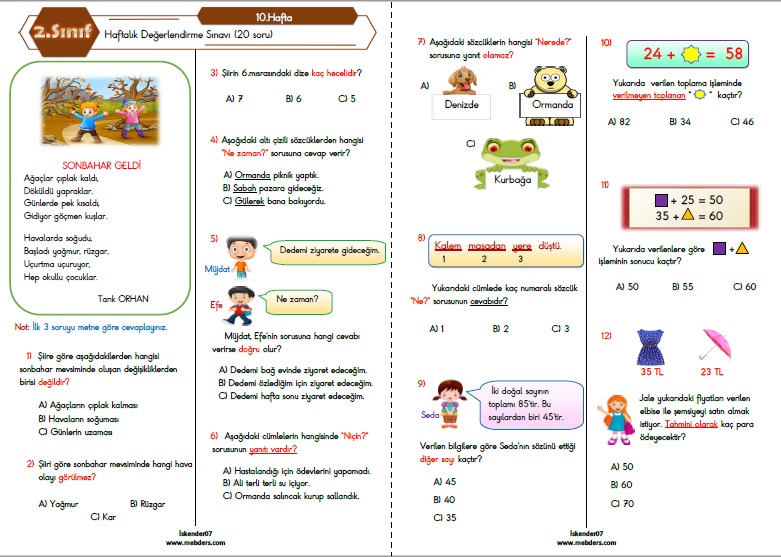 2. Sınıf Haftalık Değerlendirme Testi - 10.Hafta (08-12 Kasım)