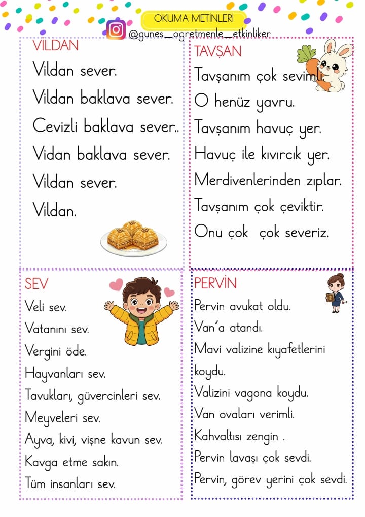 1. Sınıf V Sesi Okuma Anlama Metinleri ve Tekerleme