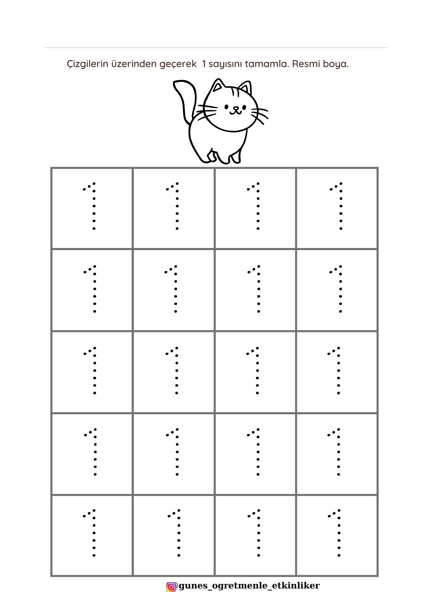 1. Sınıf Matematik 1'den 20'ye Rakam Yazma Ve Boyama Çalışma Sayfası