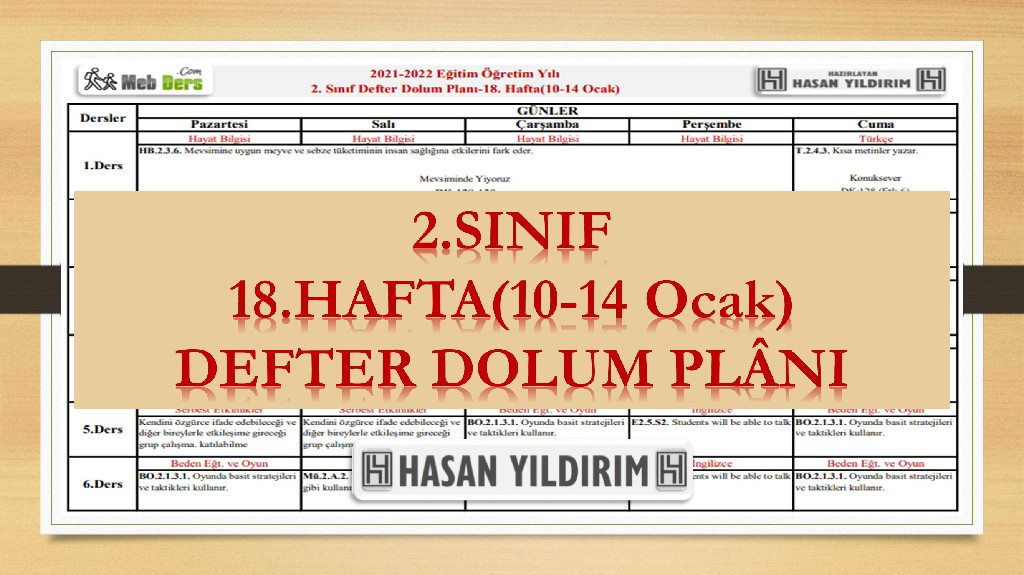 2. Sınıf 18.Hafta(10-14 Ocak) Defter Dolum Planı