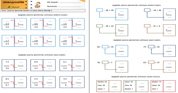 2. Sınıf Matematik Çıkarma İşleminde Eksileni ve Çıkanı Bulma Etkinliği 2