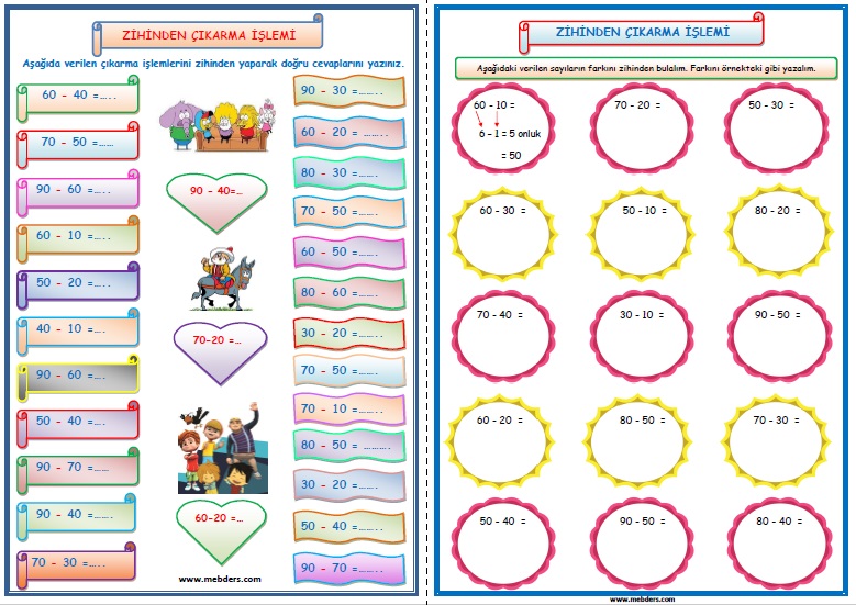 2. Sınıf Matematik Zihinden Çıkarma İşlemi (4 sayfa)
