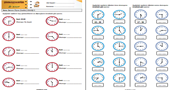 2. Sınıf Matematik Zamanı Ölçme (Saatler) Etkinliği 5
