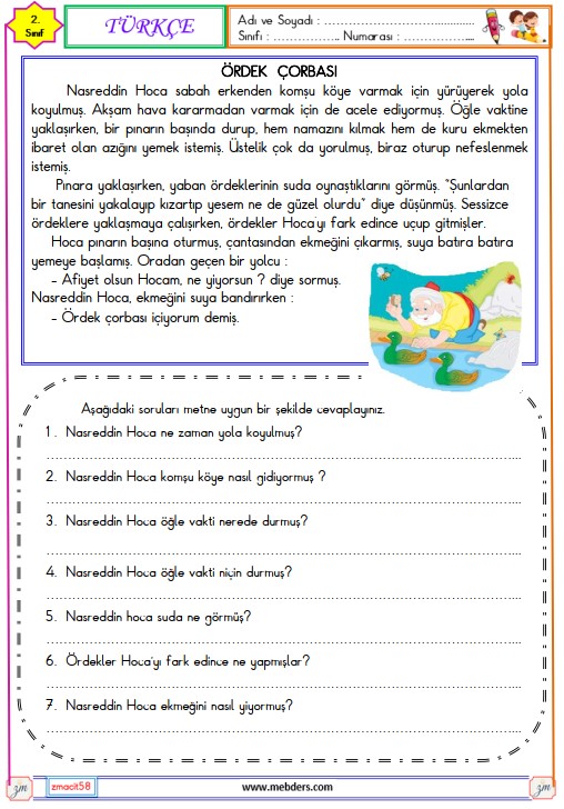 2. Sınıf Türkçe Okuma ve Anlama Metni Etkinliği (Ördek Çorbası)