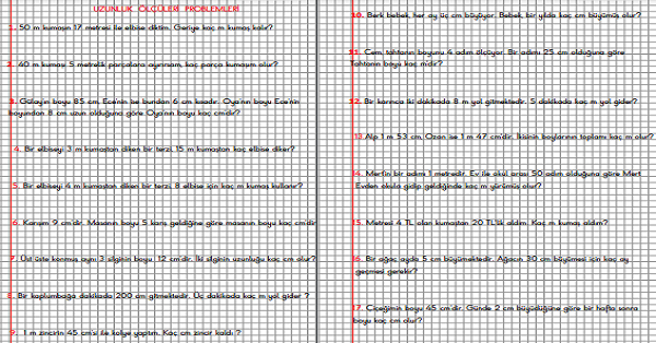 2. Sınıf Matematik Kareli Defterde Uzunluk Ölçme Problemleri