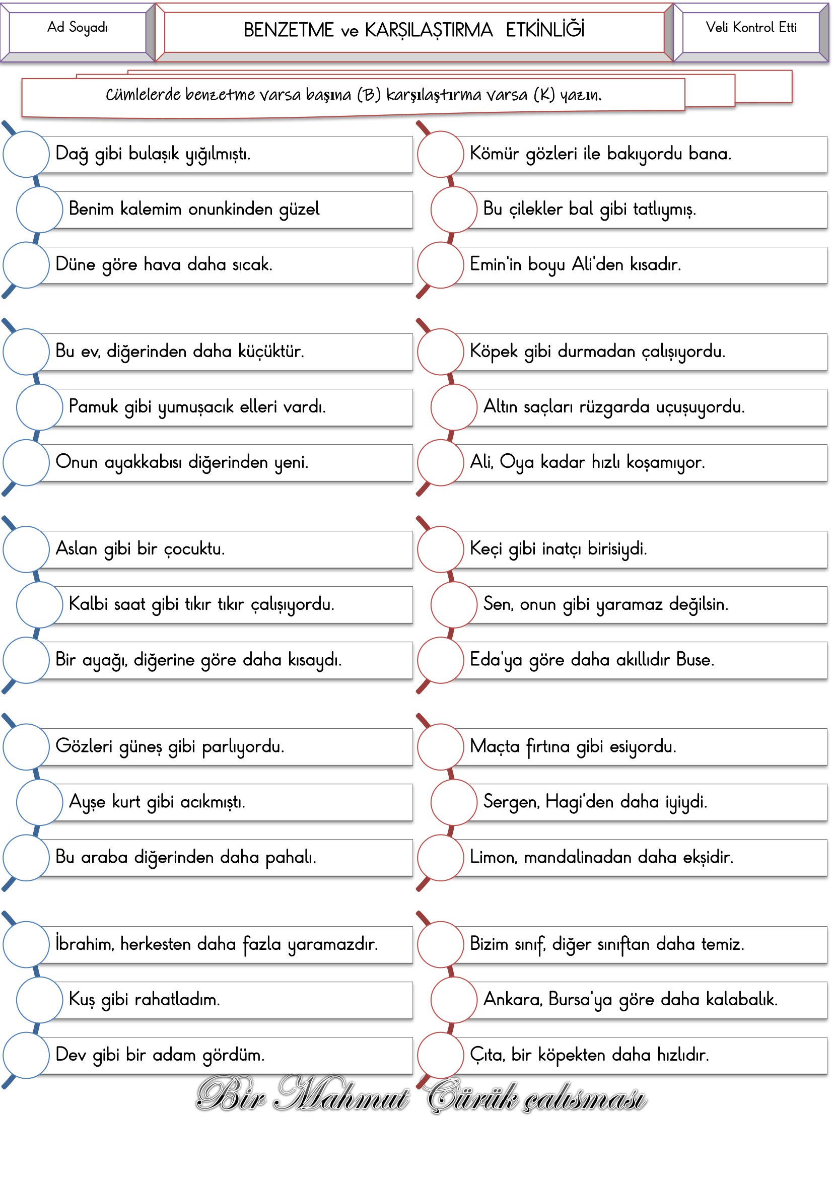 4. Sınıf Türkçe Benzetme ve Karşılaştırma Etkinliği