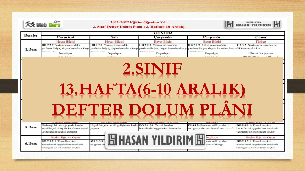 2. Sınıf 13.Hafta(6-10 Aralık) Defter Dolum Planı