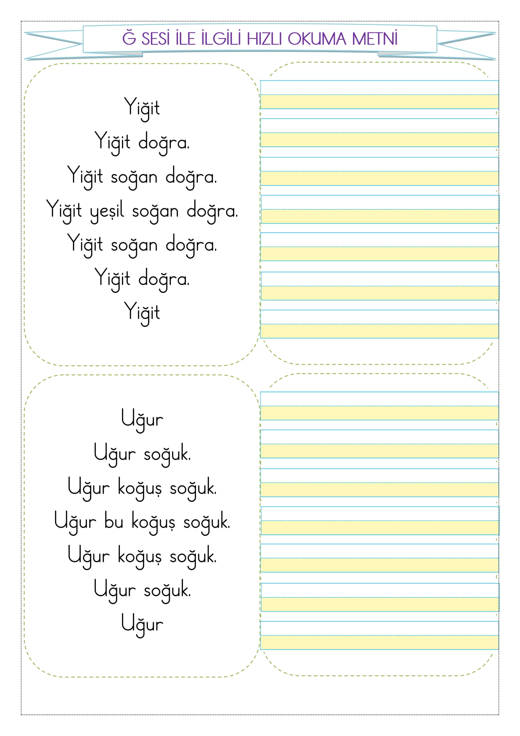 1. Sınıf İlk Okuma Yazma Ğ-ğ Sesi Hızlı Okuma Metni
