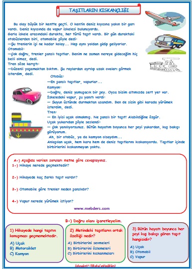 2. Sınıf Türkçe Taşıtların Kıskançlığı Okuma Anlama Metin Çalışması 8
