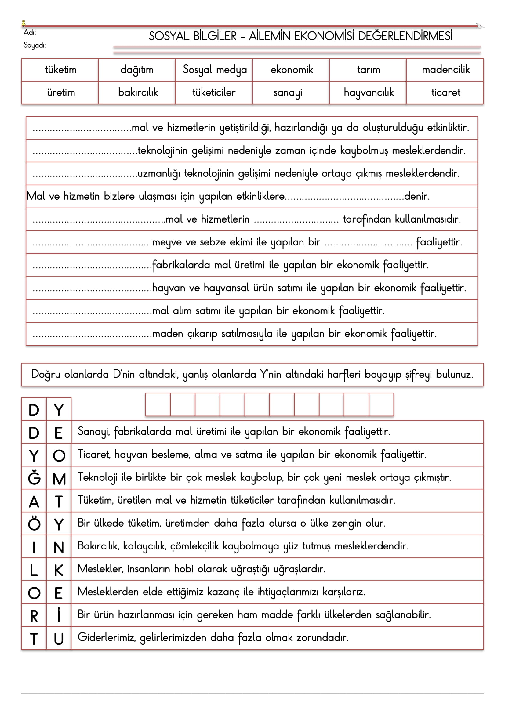 4. Sınıf - Sosyal Bilgiler Ailemin Ekonomisi Değerlendirmesi