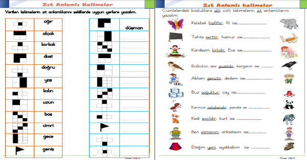 1. Sınıf Türkçe Zıt Anlamlı Kelimeler-4
