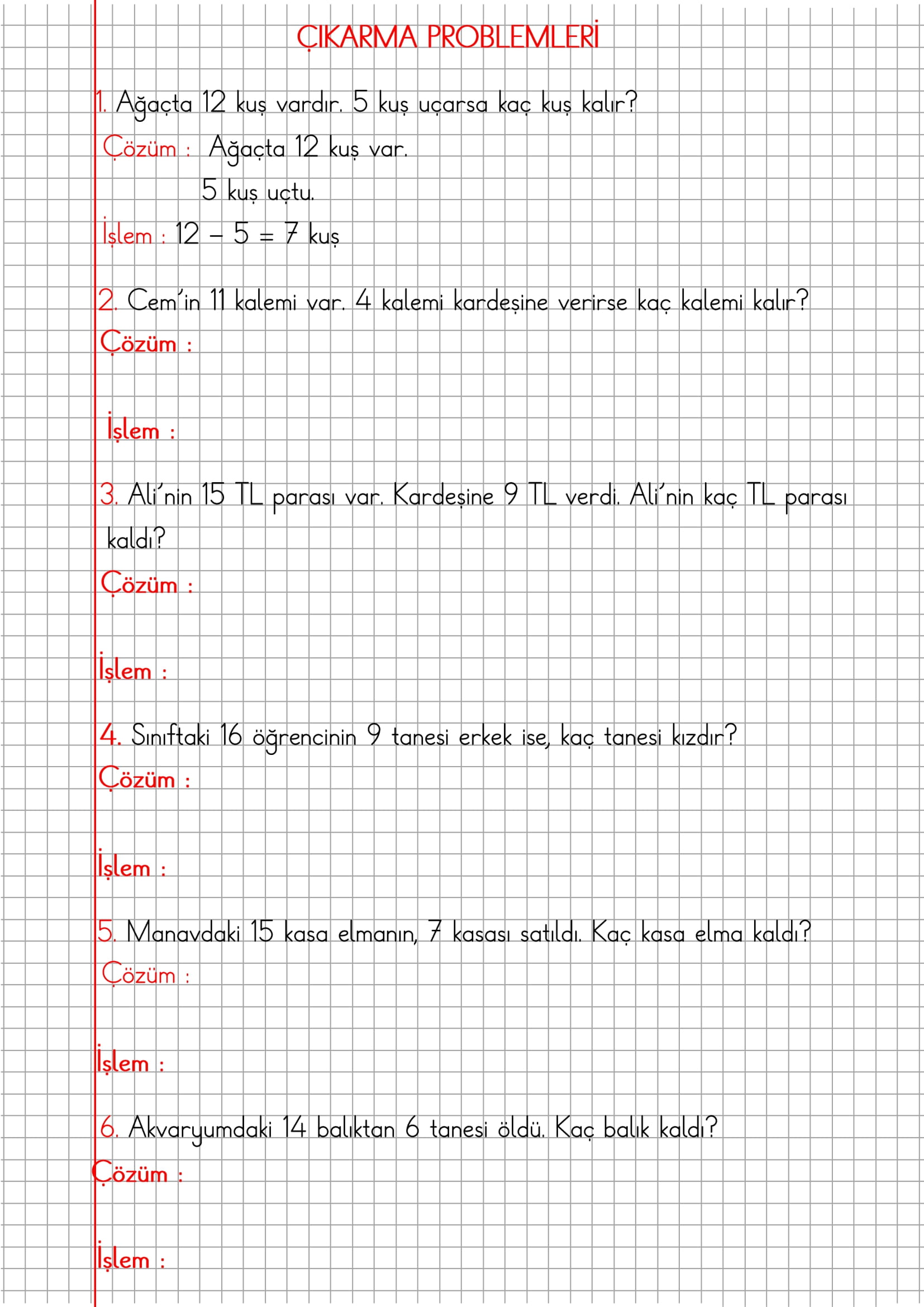 1. Sınıf Matematik Kareli Defterde Çıkarma Problemlerii