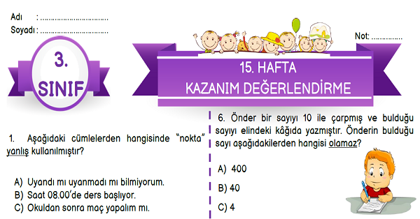 3. Sınıf 15. Hafta Kazanım Değerlendirme Testi