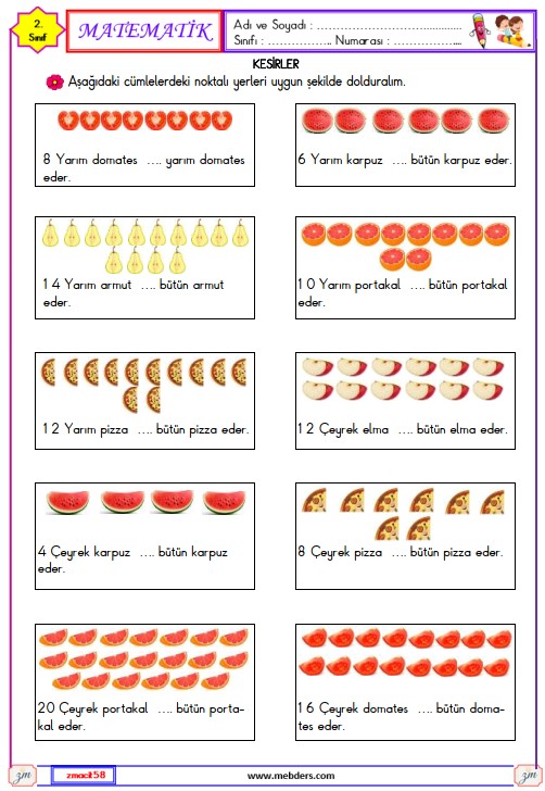 2. Sınıf Matematik Kesirler Etkinliği 8