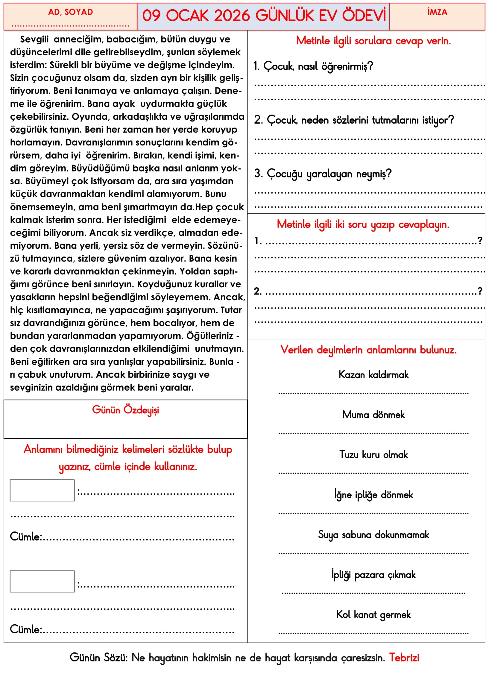 3. Sınıf - 09 Ocak 2026 Günlük Ev Ödevleri