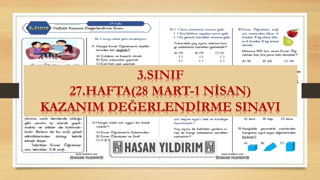 3. Sınıf Haftalık Değerlendirme Testi-27.Hafta(28 Mart-1 Nisan)