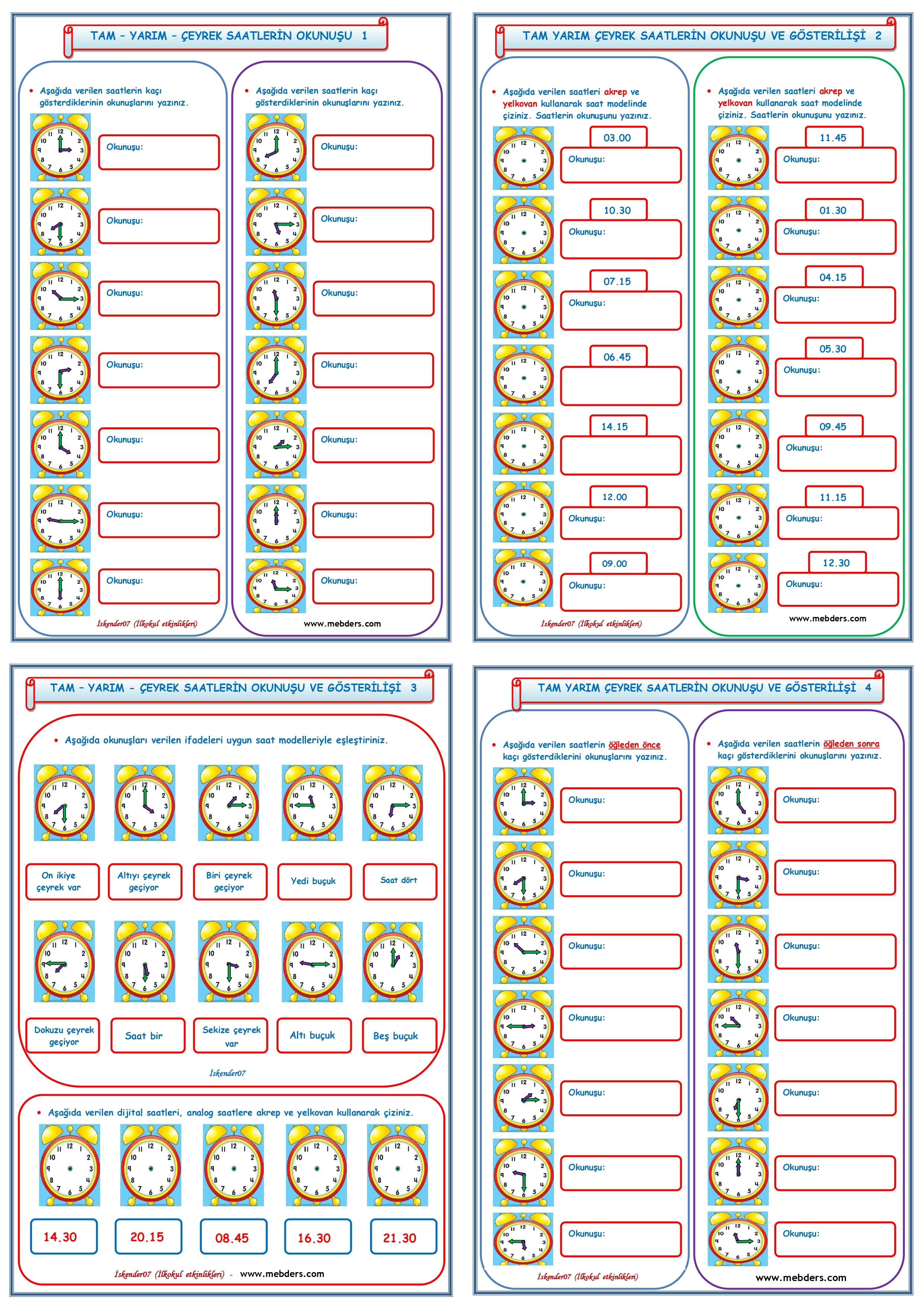 2. Sınıf Matematik Tam  Yarım Çeyrek Saatlerin Okunuşu ve Gösterilişi  (4 Sayfa)