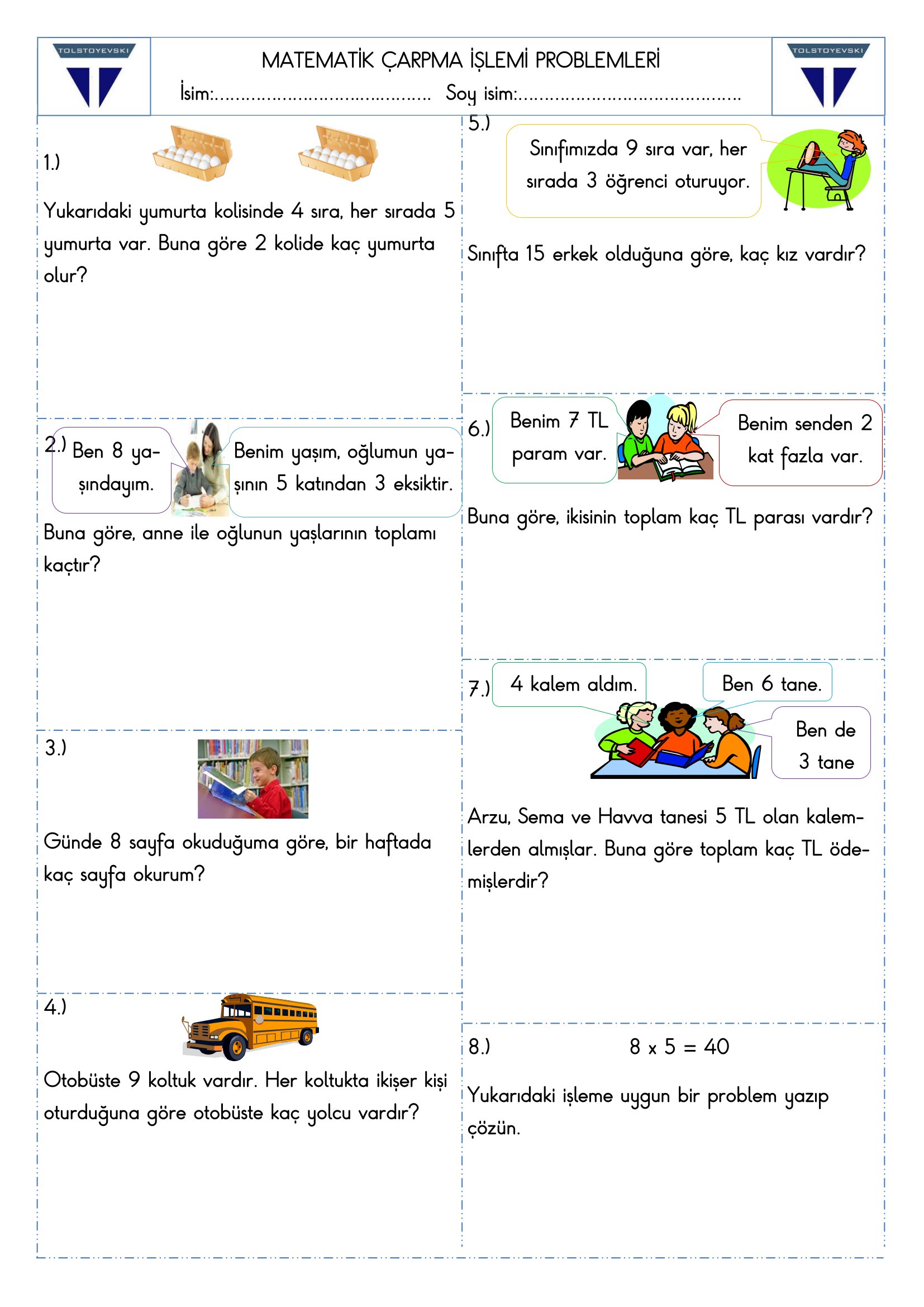 2. Sınıf - Matematik - Çarpma İşlemi Problemleri