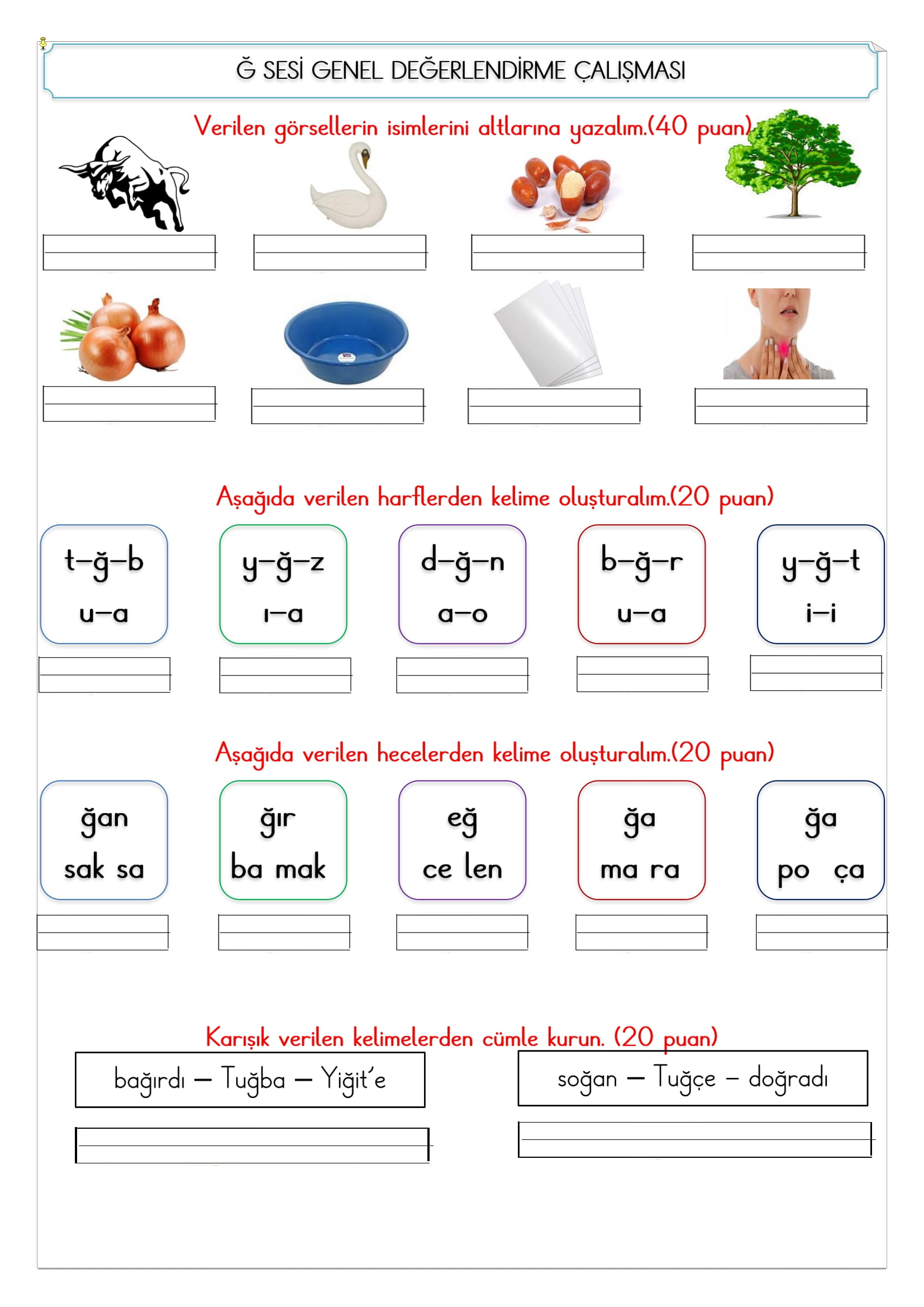1. Sınıf İlk Okuma Yazma Ğ-ğ Sesi Değerlendirme Çalışması 2