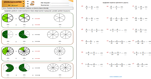4. Sınıf Matematik Kesirler (Paydaları Eşit Kesirlerde Toplama ve Çıkarma İşlemleri) Etkinliği