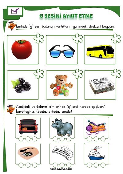 1. Sınıf İlkokuma G Sesi Ayırt Etme Etkinliği