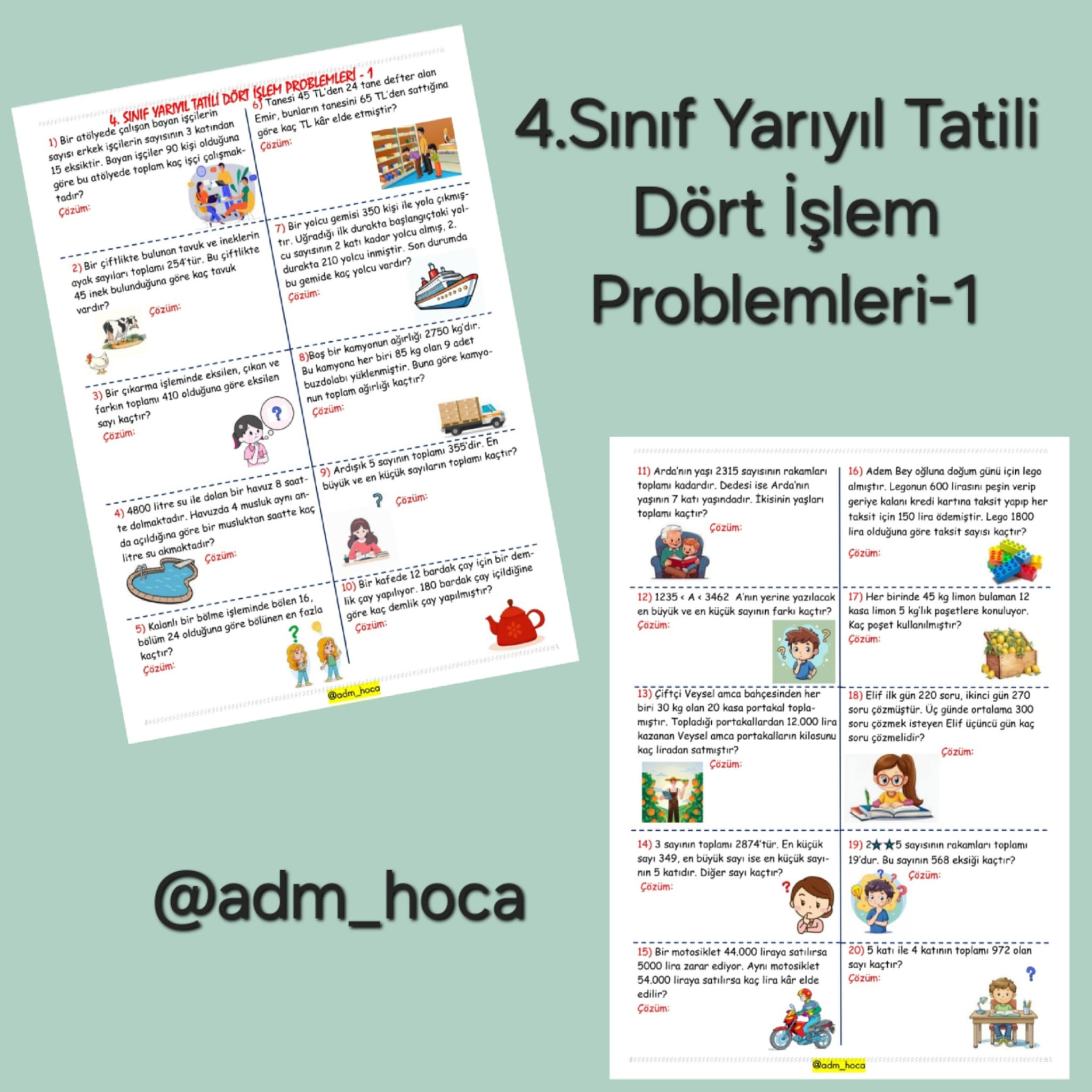 4. Sınıf Matematik Yarıyıl Tatili Dört İşlem Problemleri - 1