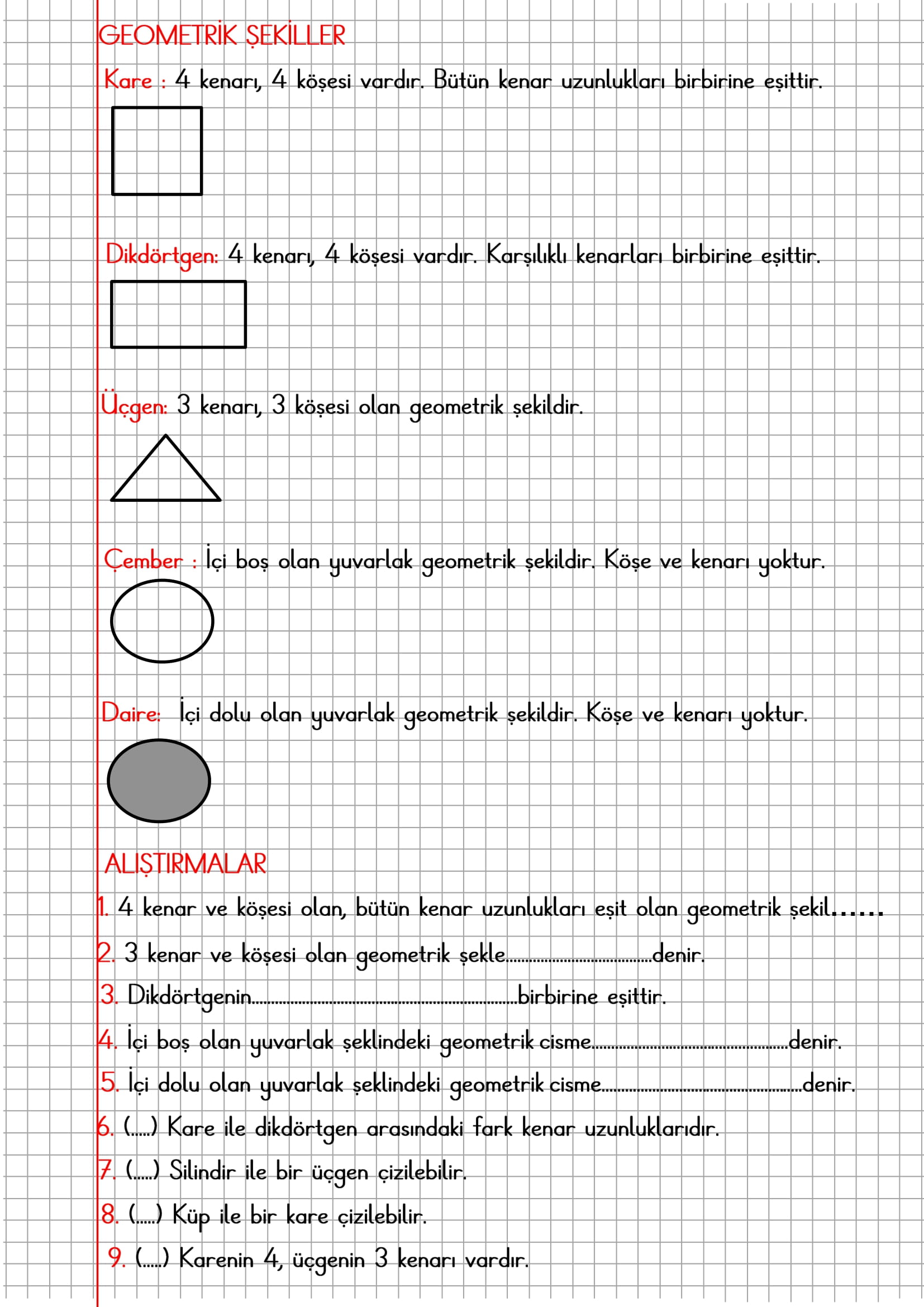 2. Sınıf Matematik Kareli Defterde Geometrik Şekiller Konu Özeti