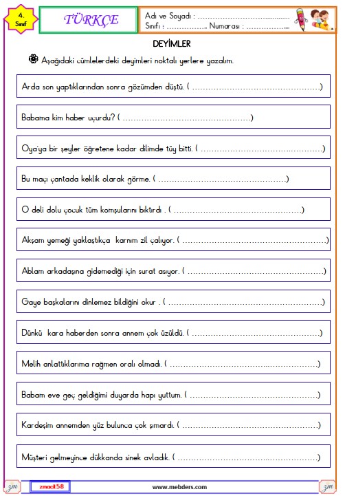4. Sınıf Türkçe Deyimler Etkinliği 1