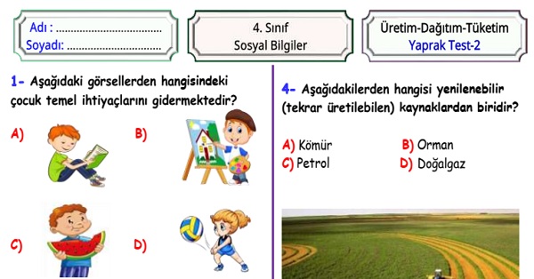 4. Sınıf Sosyal Bilgiler Üretimden Tüketime Yaprak Test 2