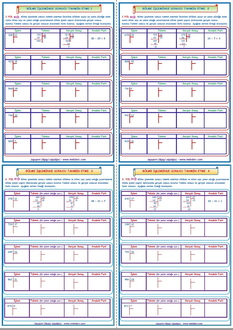 4. Sınıf Matematik Bölme İşleminde Sonucu Tahmin Etme (4 Sayfa)