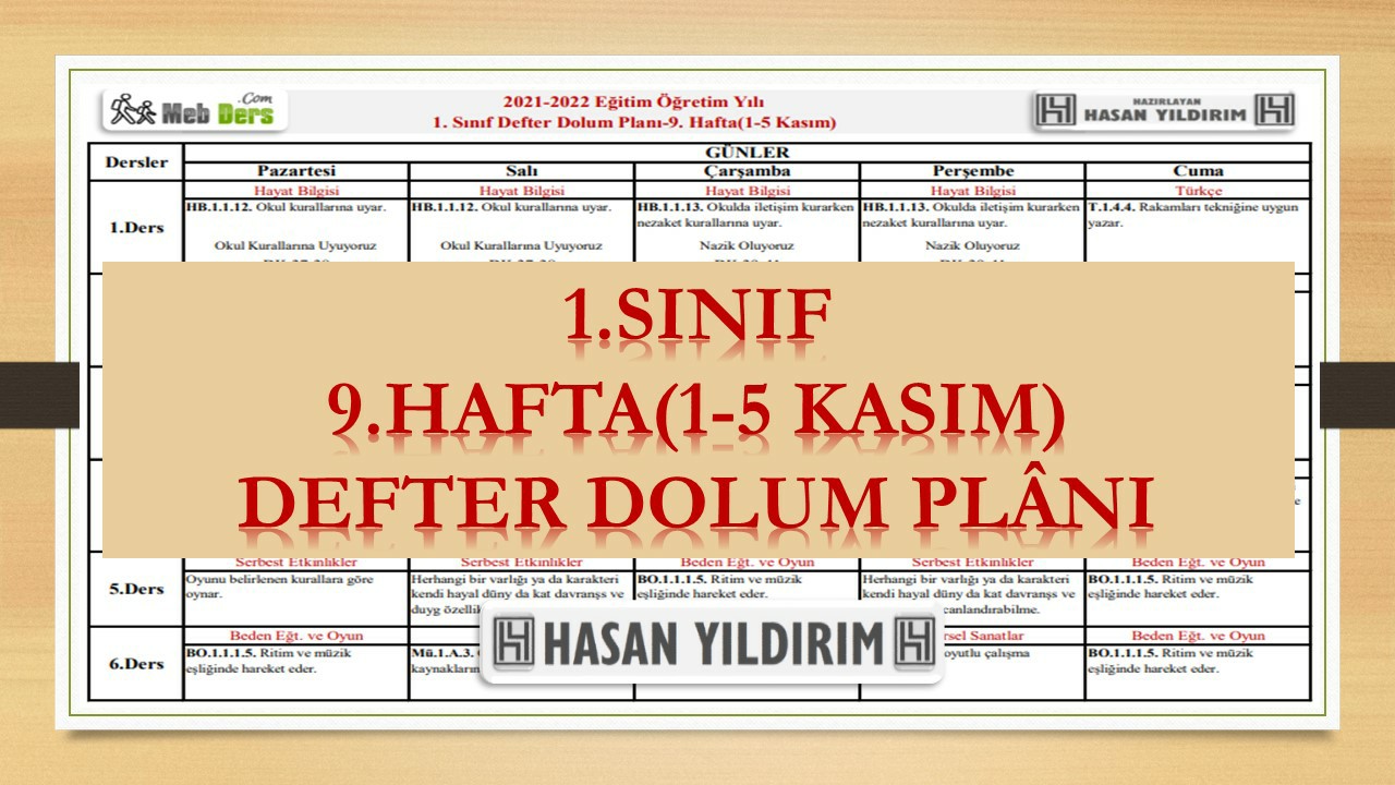 1. Sınıf 9.Hafta(1-5 Kasım) Defter Dolum Planı