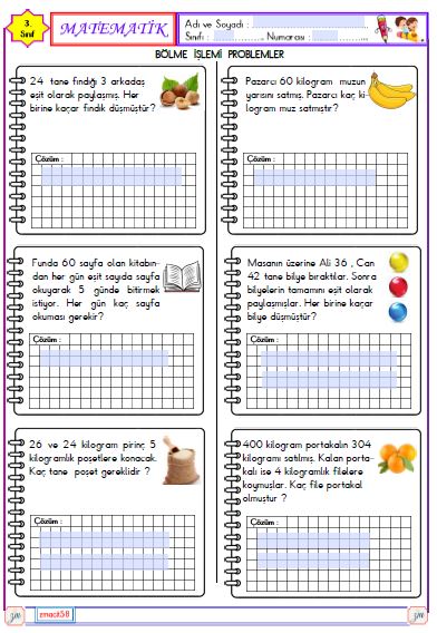 3. Sınıf Matematik Bölme İşlemi Problemler 1
