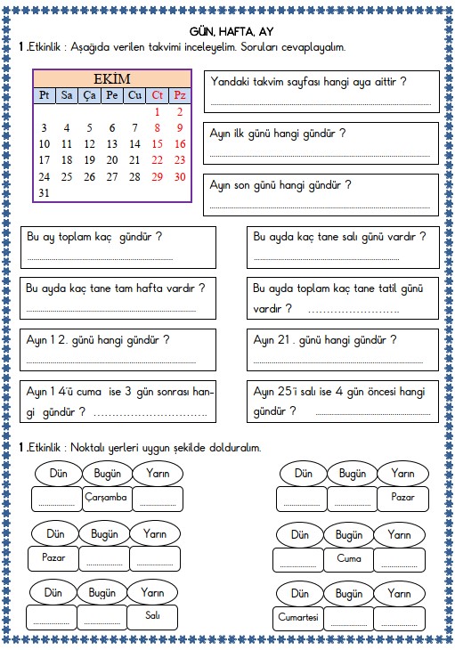 2. Sınıf Matematik Zamanı Ölçme, Saat Etkinliği 26