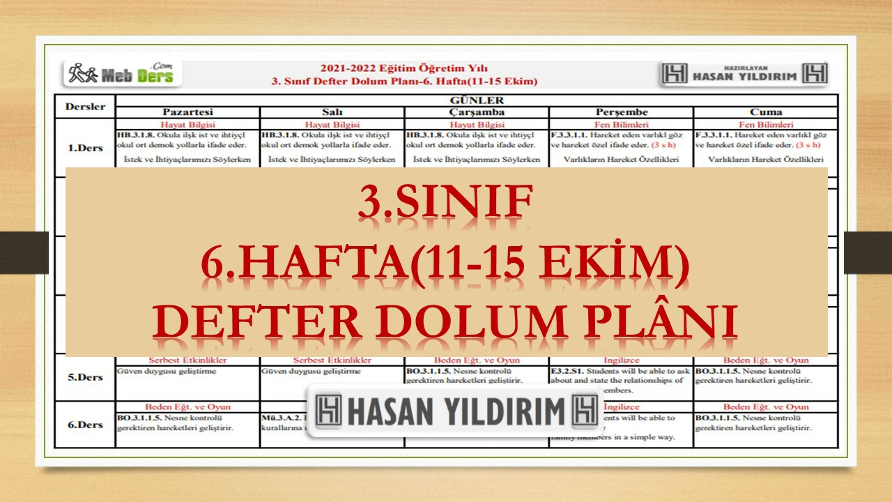 3. Sınıf 6.Hafta(11-15 Ekim) Defter Dolum Planı