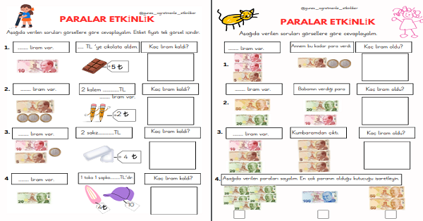 1. Sınıf Matematik Paralar Etkinlik Çalışmaları