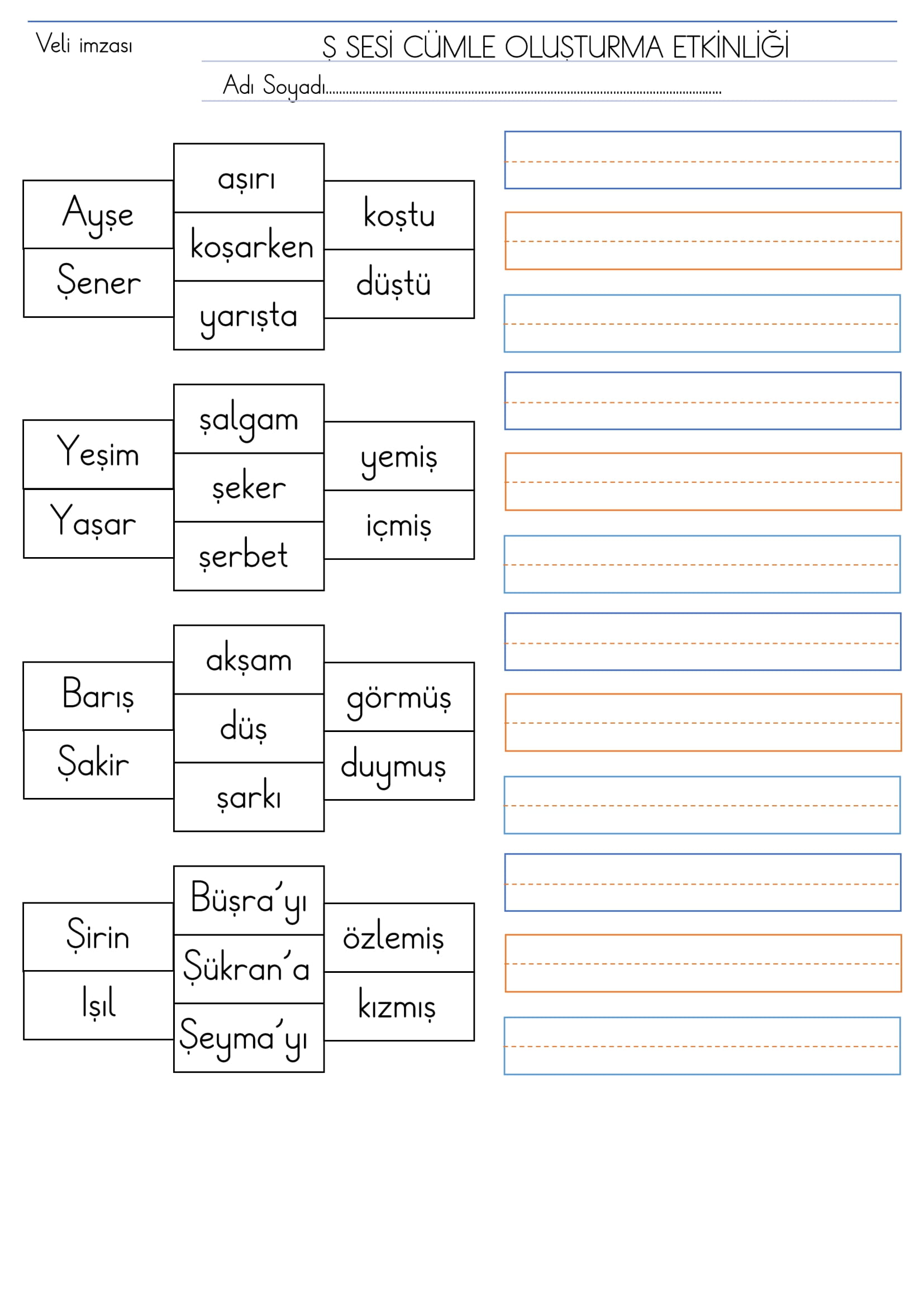 1. Sınıf İlk Okuma Yazma Ş Sesi Cümle Oluşturma Etkinliği