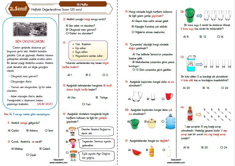 2. Sınıf Haftalık Değerlendirme Testi - 16.Hafta (02-06 Ocak)