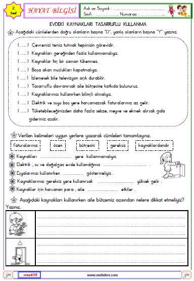 2. Sınıf Hayat Bilgisi Evdeki Kaynakları Tasarruflu Kullanma Etkinliği