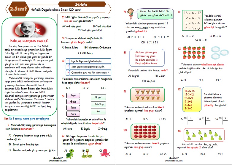 2. Sınıf Haftalık Değerlendirme Testi - 24.Hafta (07-11 Mart)